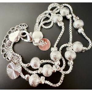 Women's 925 Sterling Silver 3-Layer Chain Dainty Bracelet Frosted Ball Bead 20CM